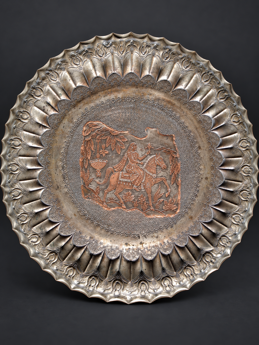Vintage Persian-Style Chased Metal Charger with Equestrian Huntress