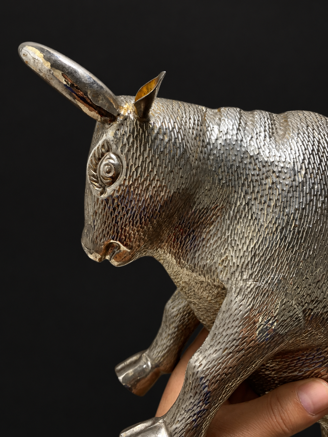 Vintage Silvered Repoussé Zebu Bull Sculpture