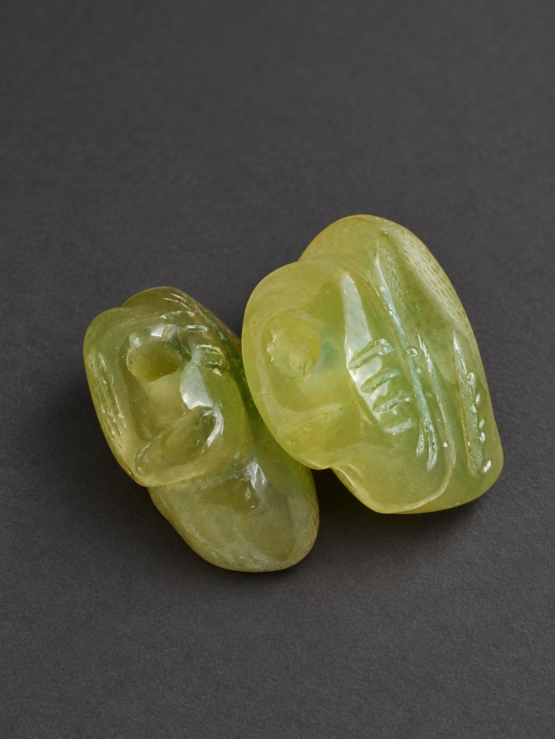 Pair of Carved Yellow-Green Stone Monkey Beads