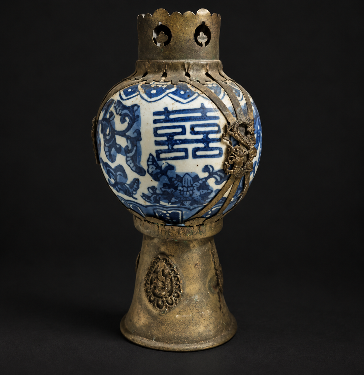 Blue-and-white porcelain candleholder, alternate front view and metal cage