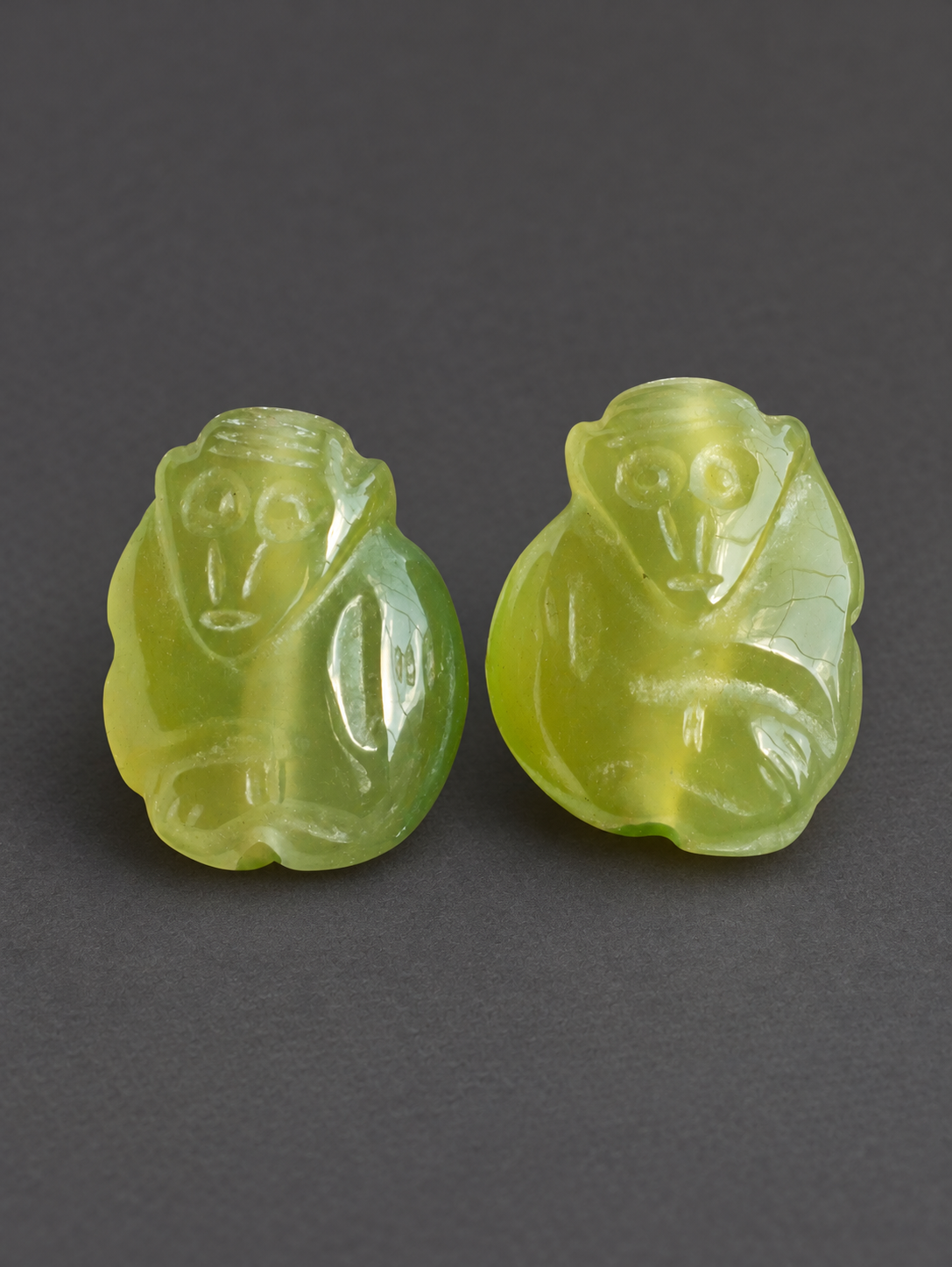 Pair of Carved Yellow-Green Stone Monkey Beads — view 3