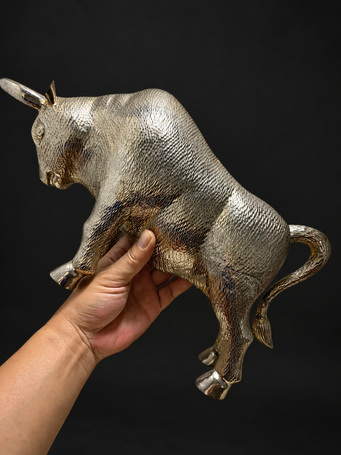Vintage Silvered Repoussé Zebu Bull Sculpture — view 7