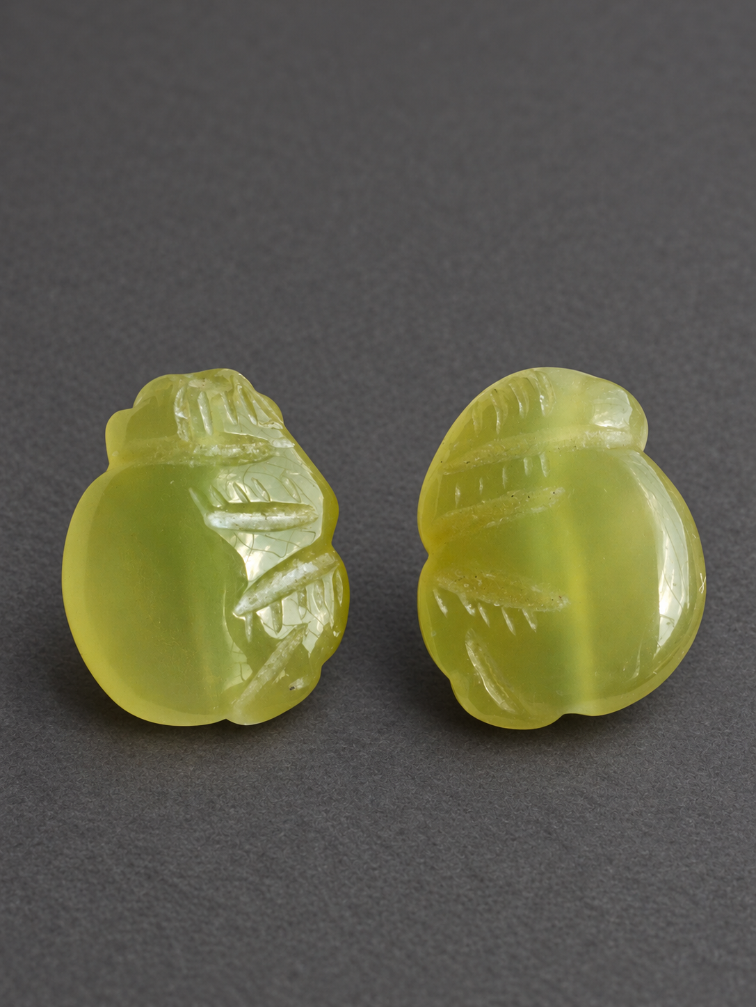 Pair of Carved Yellow-Green Stone Monkey Beads — view 4