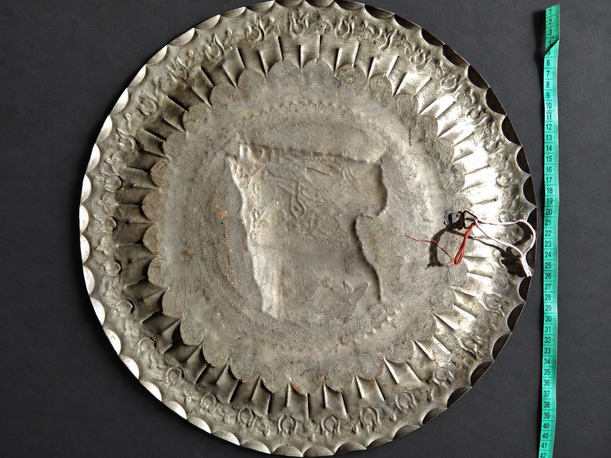 Vintage Persian-Style Chased Metal Charger with Equestrian Huntress — view 3