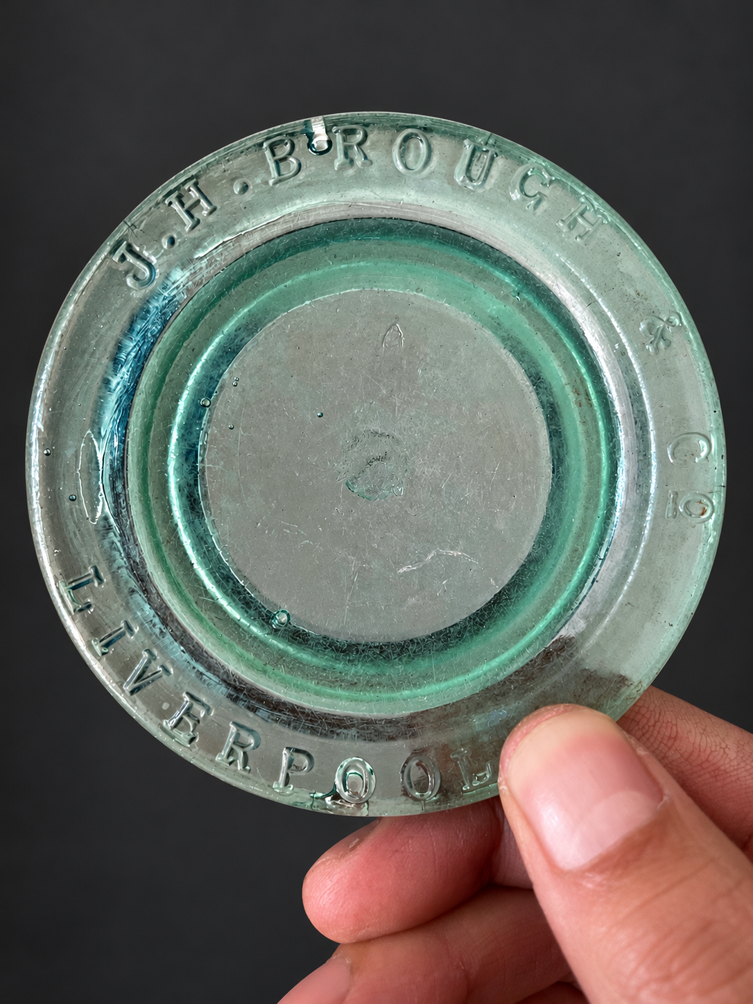 Vintage J.H. Brough Liverpool Embossed Glass Lid — view 4