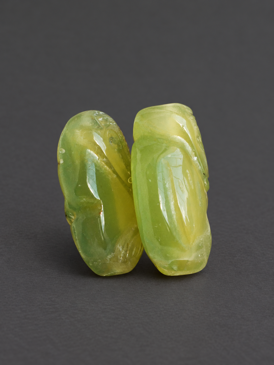 Pair of Carved Yellow-Green Stone Monkey Beads — view 5