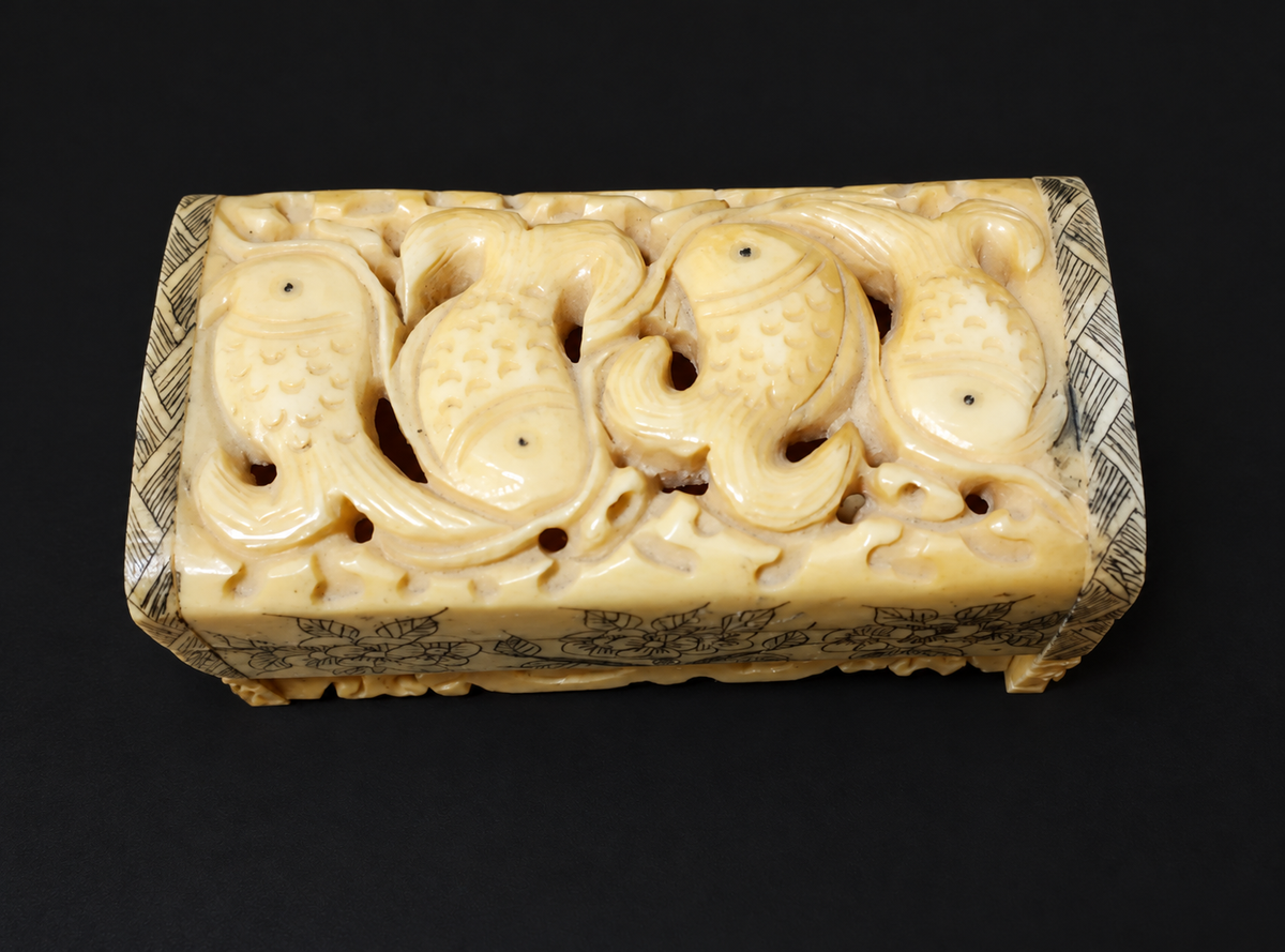 Vintage Chinese Carved Bone “Abundant Fish” Jewelry Box — view 4