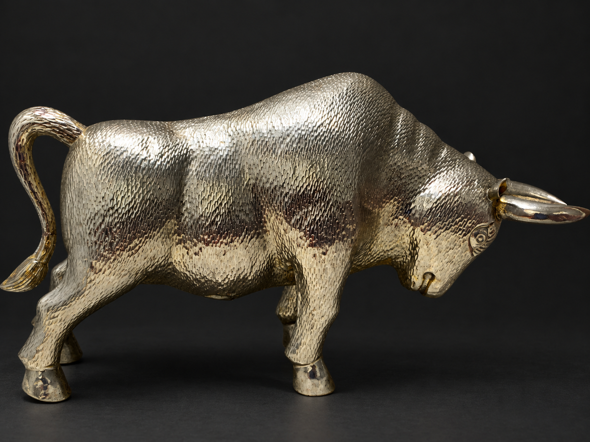Vintage Silvered Repoussé Zebu Bull Sculpture — view 3