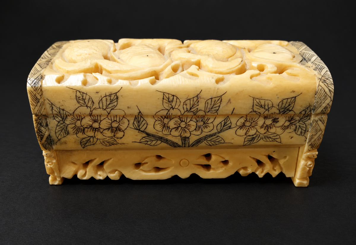 Vintage Chinese Carved Bone “Abundant Fish” Jewelry Box — view 5