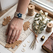 Natural Linen Daisy Fabric Wristband – handmade patchwork fabric bracelet by Brusion