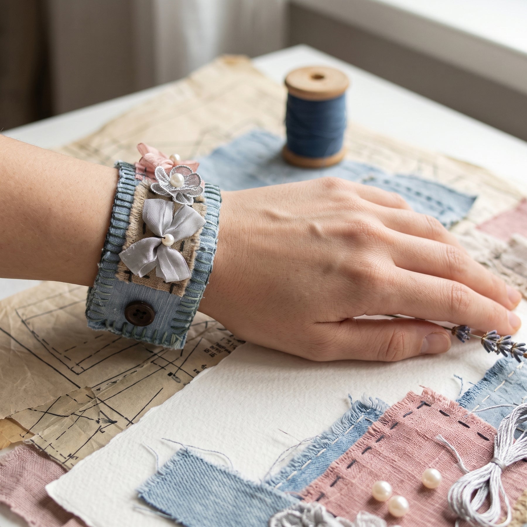 Denim Floral Patchwork Fabric Wristband