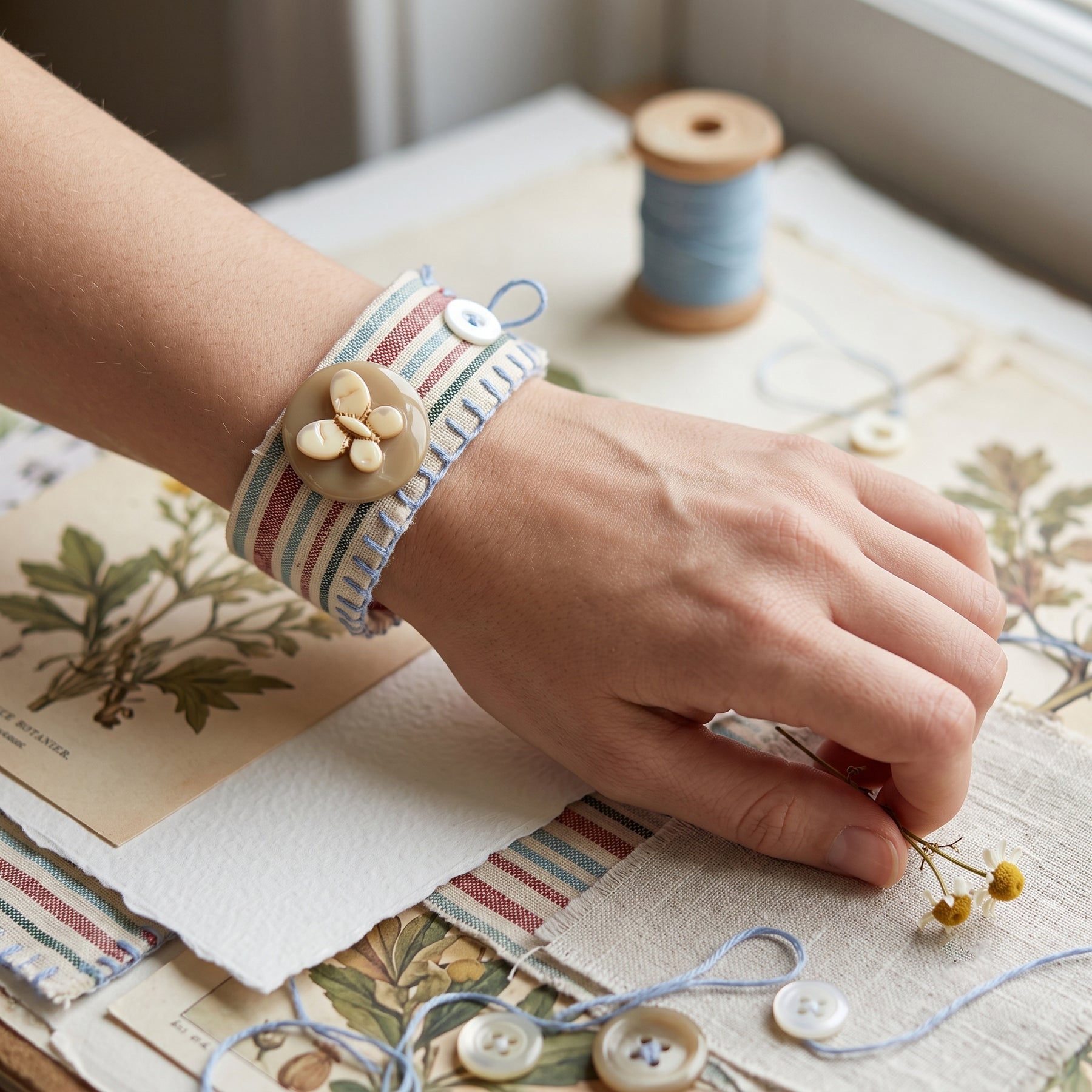 Fine Stripe Floral-Button Wristband