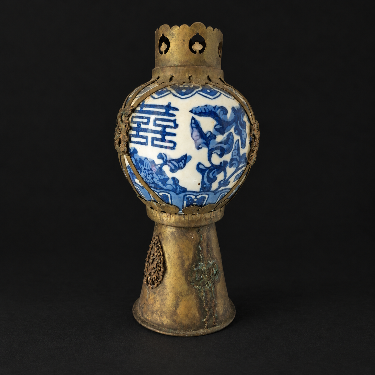 Blue-and-White Porcelain Candleholder with Aged Metal Mounts
