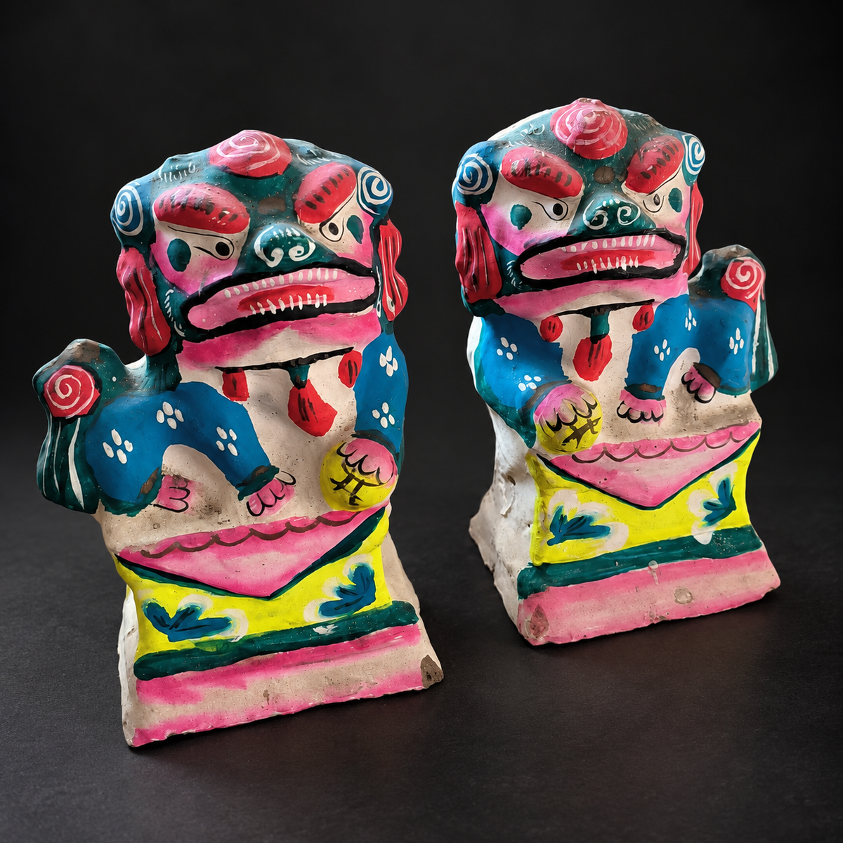 Painted Clay Lion Candleholders — A Pair