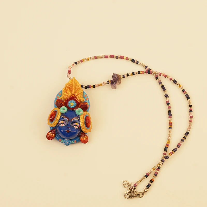 Forest Sprite Spirit Pendant - Blue and Gold Leaves – handmade textile gift, main product view