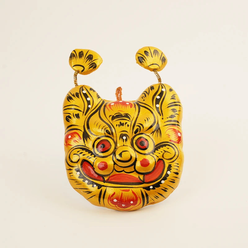 Golden Tiger Spirit Mask - Hand-Embroidered Wall Guardian
