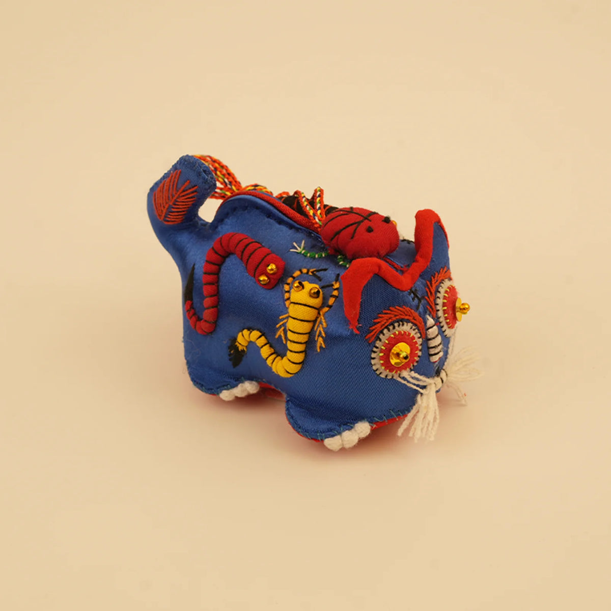 Mini Guardian Tiger - Azure | Hand-Sewn Folk Art – side view showing shape and hand-stitched details