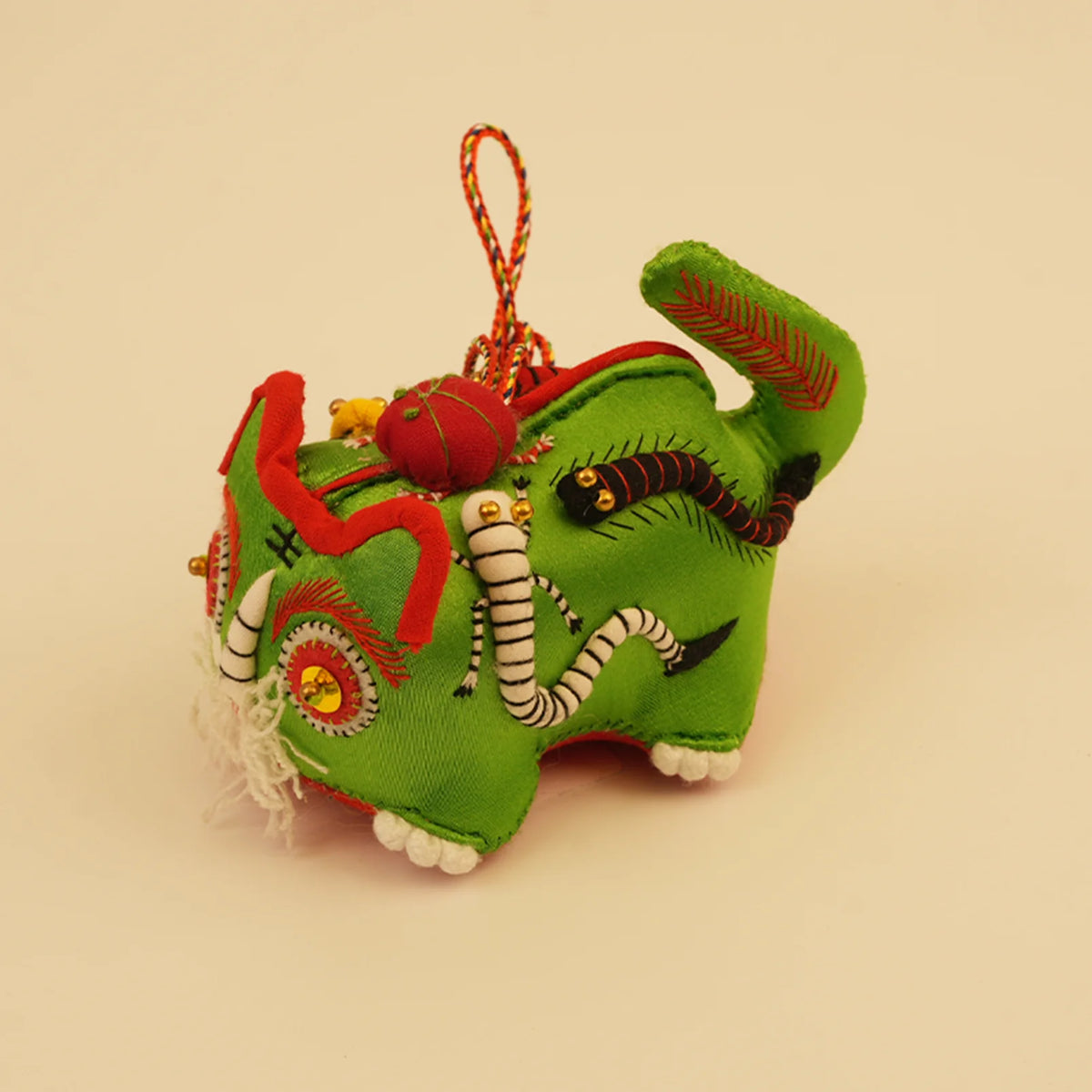 Hand-Sewn Linen Jade Tiger Mini Guardian – side view showing shape and hand-stitched details