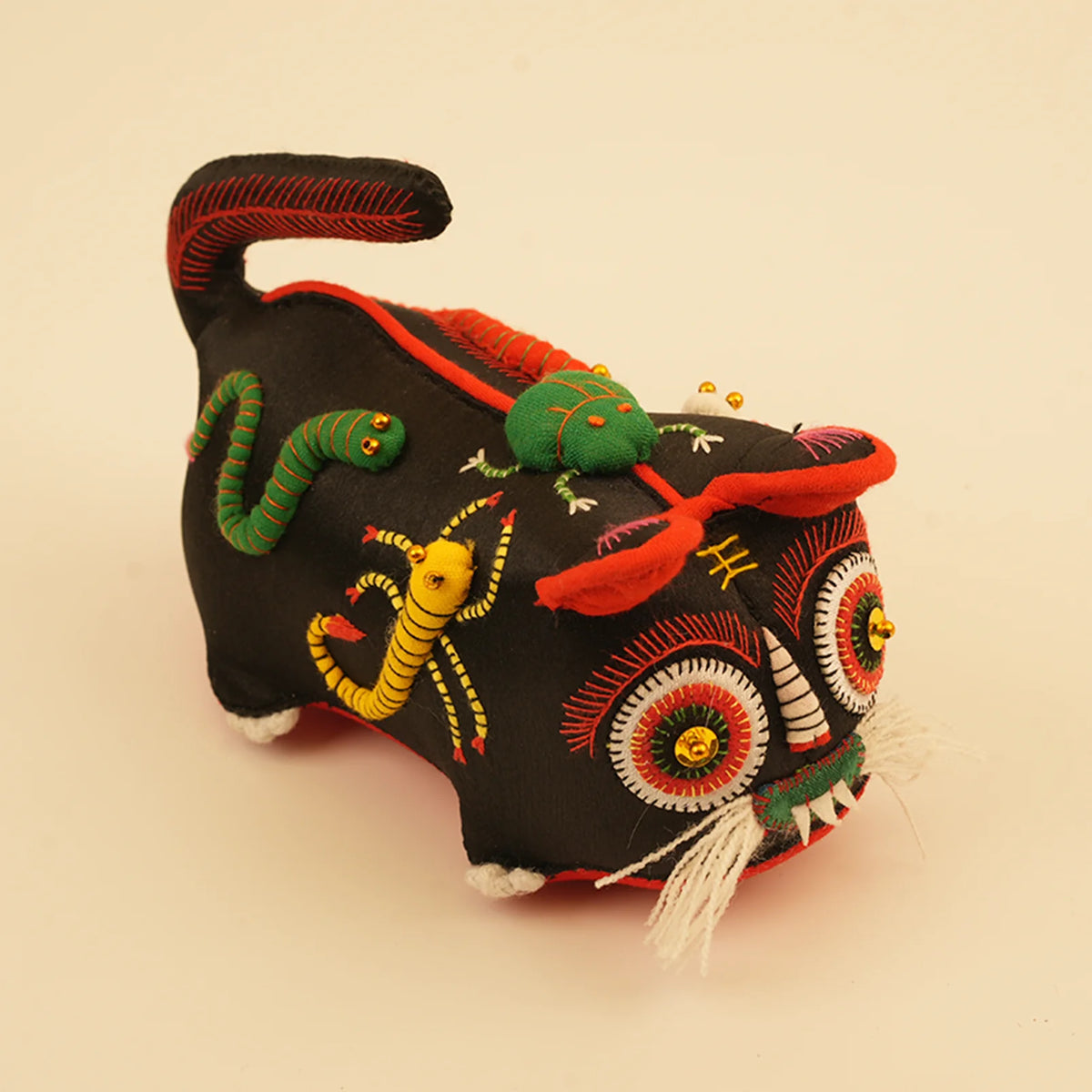 Hand-Embroidered Silk Blend Midnight Tiger Guardian Figure – side view showing shape and hand-stitched details