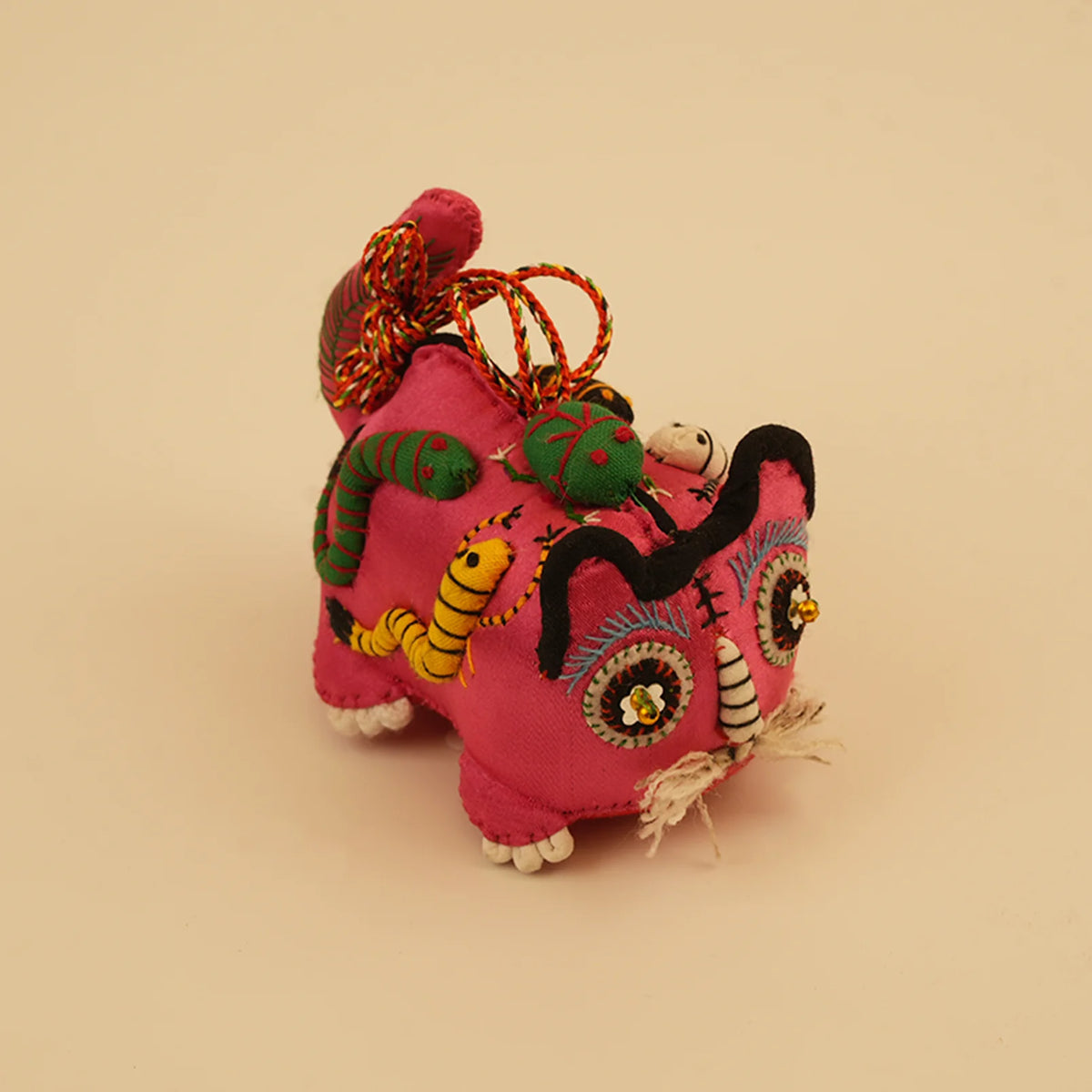 Hand-Sewn Linen Rose Quartz Tiger Mini Guardian – side view showing shape and hand-stitched details