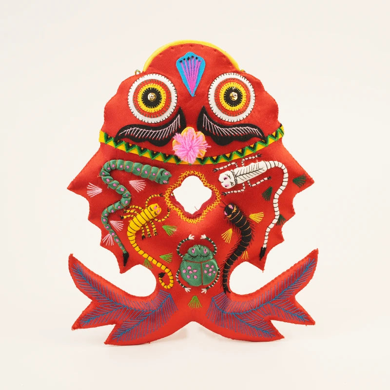 Five-Venom Guardian Fish - Hand-Embroidered Red Silk Art – handmade textile gift by Brusion
