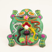 Five-Venom Guardian Toad - Hand-Embroidered Green Protector – close-up of linen, patchwork, and textile texture