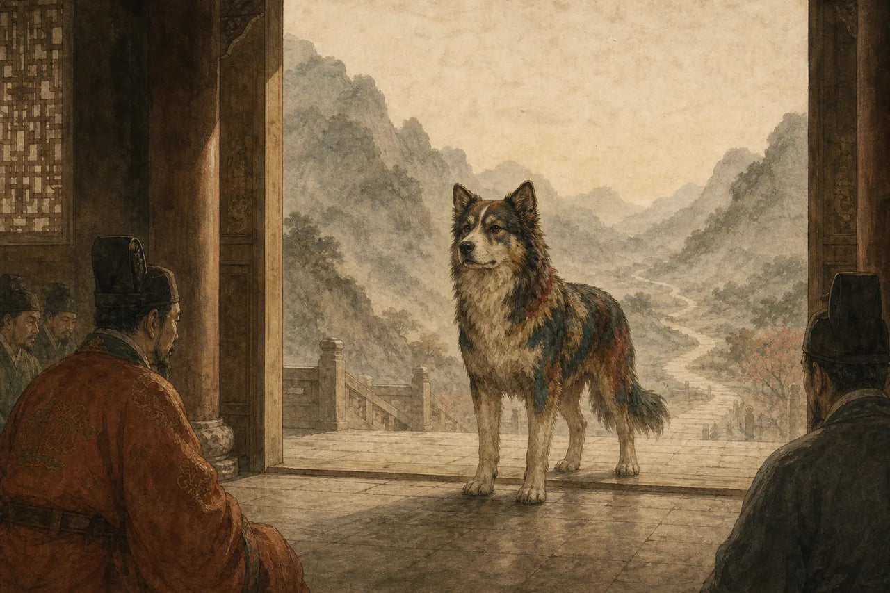 An original Brusion illustration of Panhu returning to an ancient court after fulfilling a dangerous challenge