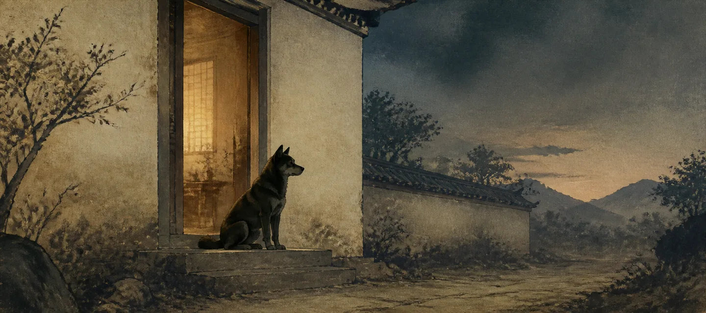 An original Brusion illustration of a guardian dog keeping watch at a courtyard threshold during Xu Hour